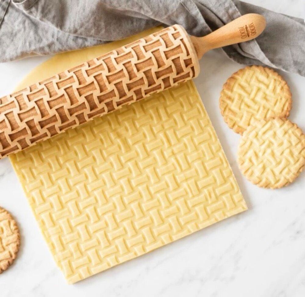 MOODFORWOOD Wicker Basket NWT embossing rolling pin, braided pattern wood stamp